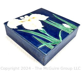 Art Nouveau Iris Etched and Painted Ceramic Tile Box. Some Separation on Corners. 