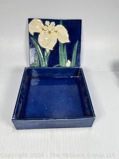 Art Nouveau Iris Etched and Painted Ceramic Tile Box. Some Separation on Corners. 