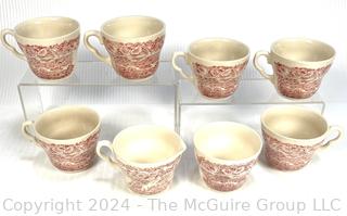 Red and White Transferware Porcelain Mugs