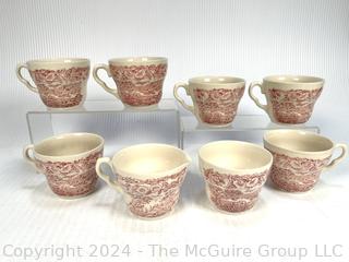 Red and White Transferware Porcelain Mugs