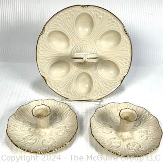 Set of Matched Lenox Porcelain Candle Holders and Deviled Egg Plate.