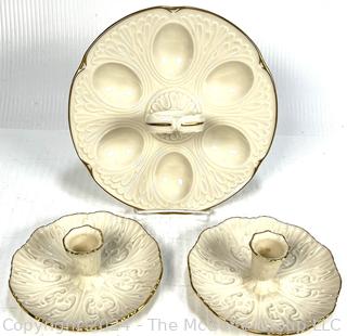 Set of Matched Lenox Porcelain Candle Holders and Deviled Egg Plate.