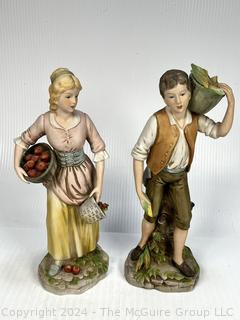 Couple with Apple Baskets Porcelain Figurines.  13" Tall