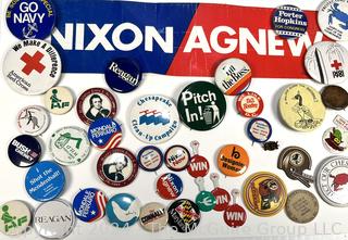 Collection of Political and Promotional Buttons and Bumper Sticker