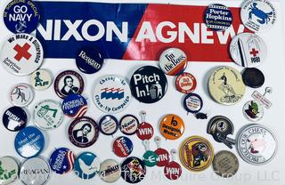 Collection of Political and Promotional Buttons and Bumper Sticker