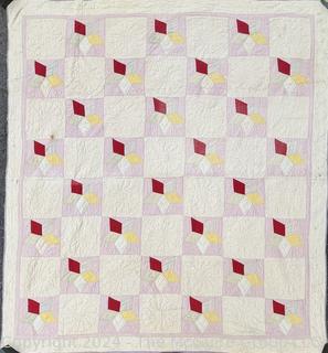 Hand Stitched Green Red, Yellow, Pink and White Quilt in Carolina Lily . 77 x 96"