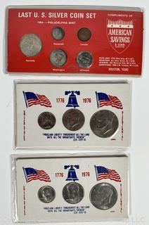 Three (3) US Coin Sets Including Last Silver 1964 and Bicentennial Sets (x2)