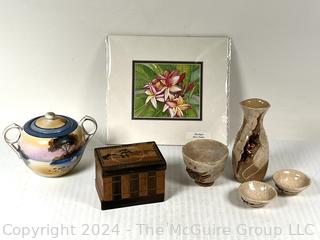 Saki Set, Puzzle Box, Floral Print and Covered Ceramic Jar