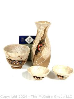 Saki Set, Puzzle Box, Floral Print and Covered Ceramic Jar