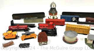 H-O Scale Model Train with Building and Scenery Pieces