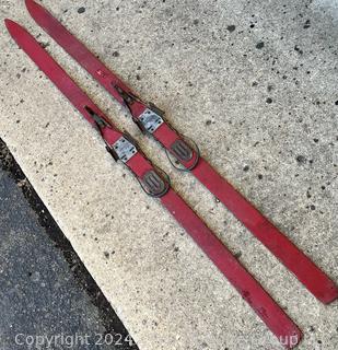 Red Wooden Skis with Suwe Cortina Bindings,