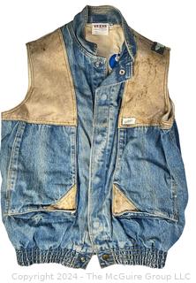 Big 80's Guess by Georges Marciano Blue Sleeveless Denim Men’s Vest with Leather Shoulder Patches