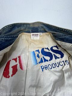 Big 80's Guess by Georges Marciano Blue Sleeveless Denim Men’s Vest with Leather Shoulder Patches