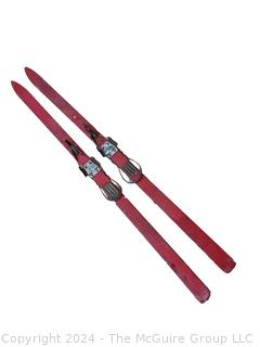 Red Wooden Skis with Suwe Cortina Bindings,