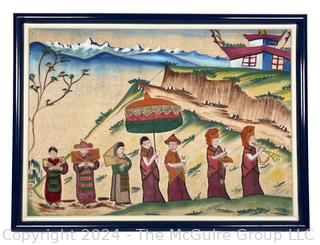 Framed Embroidered Linen Art from Katmandu, Nepal. 1971. 17" x 23"