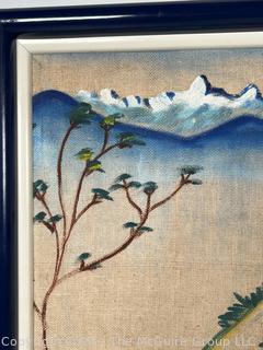 Framed Embroidered Linen Art from Katmandu, Nepal. 1971. 17" x 23"