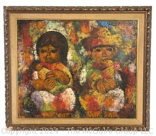 Framed Oil on Canvas of Two Children Signed by Mexican Artist Felipe Ortiz Tajonar with Provenance of Painting Written on Back.  25" x 29"