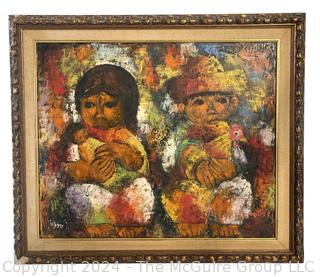 Framed Oil on Canvas of Two Children Signed by Mexican Artist Felipe Ortiz Tajonar with Provenance of Painting Written on Back.  25" x 29"