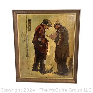 Framed Oil on Canvas of Two Men Talking Signed by British Artist Charles Wilton (1837 - 1847). 23" x 27"