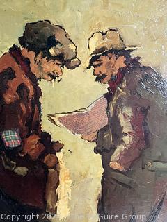 Framed Oil on Canvas of Two Men Talking Signed by British Artist Charles Wilton (1837 - 1847). 23" x 27"