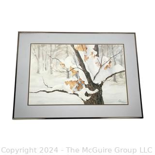 Framed Under Glass Print of Winter Trees Signed by Artist Pie, 1984.  20" x 27"