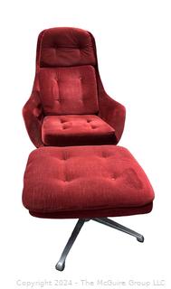 Mid Century Red Velvet Swivel and Rocking Lounge Chair with Ottoman by Overman. Made in Sweden