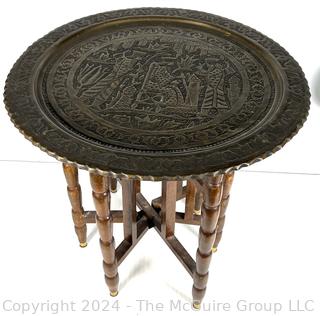 Moroccan Brass Tray Tea Table on Folding Wood Stand. 19" diameter.