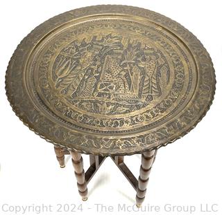 Moroccan Brass Tray Tea Table on Folding Wood Stand. 19" diameter.