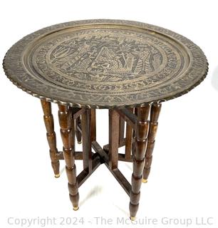 Moroccan Brass Tray Tea Table on Folding Wood Stand. 19" diameter.