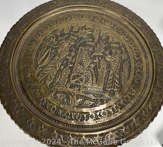 Moroccan Brass Tray Tea Table on Folding Wood Stand. 19" diameter.