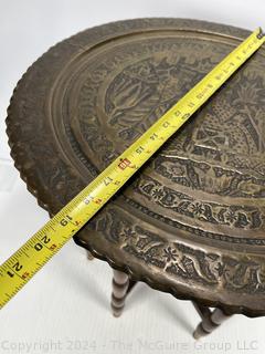 Moroccan Brass Tray Tea Table on Folding Wood Stand. 19" diameter.