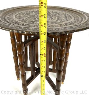 Moroccan Brass Tray Tea Table on Folding Wood Stand. 19" diameter.