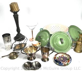 Kitchenware Including Tea Service, Ceramic Bowl, Enamelware Colander and Lids, Candle Stick, Oil Lamp Base and NYC Souvenir Dish.