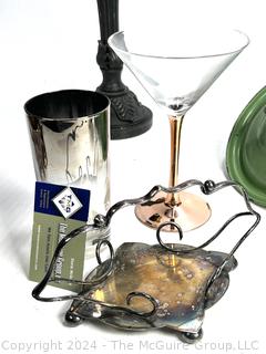 Kitchenware Including Tea Service, Ceramic Bowl, Enamelware Colander and Lids, Candle Stick, Oil Lamp Base and NYC Souvenir Dish.