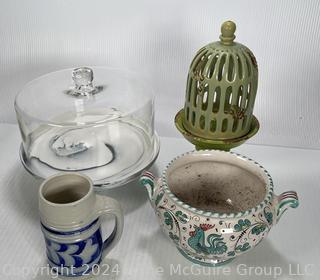 Decorative Items Including Italian Painted Planter and Pedestal Cake Plate with Cover