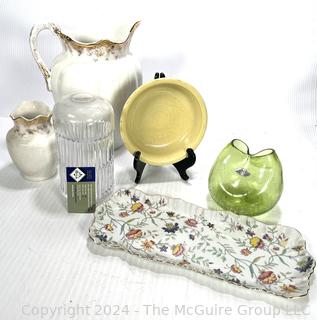 Collection of Serving Ware Including Fiesta Ware, Wash Basin Pitcher and Blenko Glass Pinch Vase