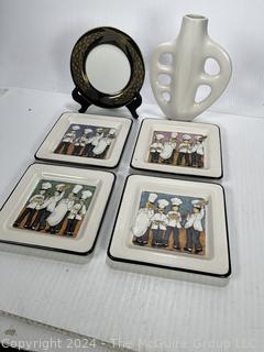 Set of Four (4) Culinary Theme Trivets/Plates, Ceramic Plate with Fish and Modern Art Vase