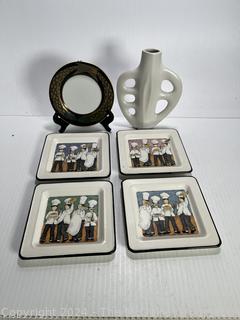 Set of Four (4) Culinary Theme Trivets/Plates, Ceramic Plate with Fish and Modern Art Vase