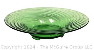 Green Fostoria Optic Swirl Uranium Glass Console Bowl. 12" diameter