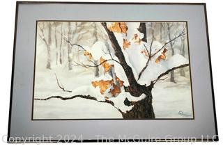 Framed Under Glass Print of Winter Trees Signed by Artist Pie, 1984.  20" x 27"