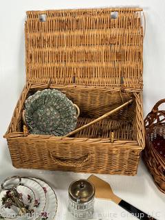 Straw Hinged Lid Basket and Serving Ware.