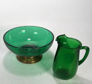 Two (2) Pieces of Anchor Hocking Emerald Green Glass Punch Bowl and Pitcher