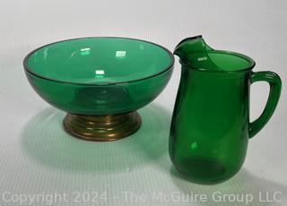 Two (2) Pieces of Anchor Hocking Emerald Green Glass Punch Bowl and Pitcher