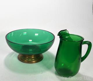 Two (2) Pieces of Anchor Hocking Emerald Green Glass Punch Bowl and Pitcher