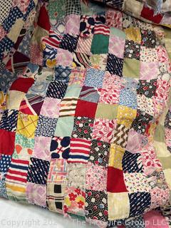 Hand Made Cotton Patchwork Quilt with Pink Binding. Note Damage. 76" x 64" 