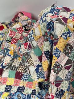 Hand Made Cotton Patchwork Quilt with Pink Binding. Note Damage. 76" x 64" 