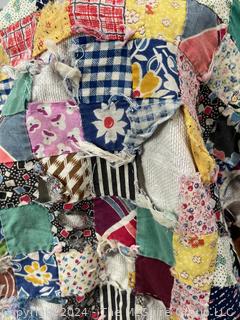 Hand Made Cotton Patchwork Quilt with Pink Binding. Note Damage. 76" x 64" 