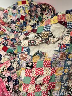 Hand Made Cotton Patchwork Quilt with Pink Binding. Note Damage. 76" x 64" 