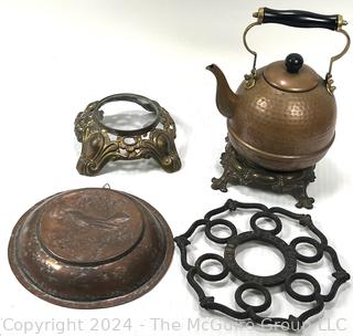 Hammered Brass Coffee Tea Pot, Trivets and Plate