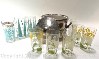 Mid Century Modern Barware Including Glass Tumblers and Ice Bucket